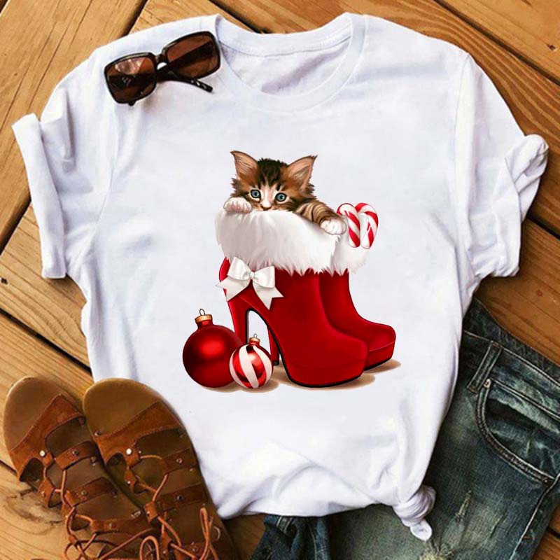 cute-cat-in-red-high-heeled-printed-women-t-shirts-casual-short-sleeve-o-neck-t-shirt-christmas-tshirts-topsเสื้อยืดผู้ห