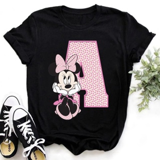 Disney Minnie Mouse T-shirt Female Funny 26 Capital Letters A-Z Print Tshirt Gothic Round Neck Tops Summer Kawaii Tops W