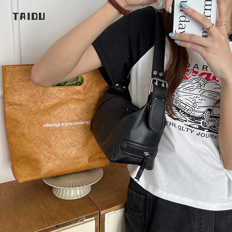 taidu-กระเป๋าสะพายไหล่เดียวสไตล์ยุโรปและอเมริกา-กระเป๋าใต้วงแขน-การออกแบบเฉพาะใหม่-วัสดุ-pu-สีทึบ-การแข่งขันทั้งหมด