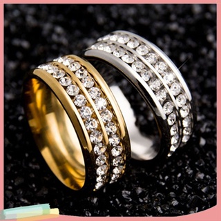 LK❈Womens Mens Fashion Double Rows Rhinestones Titanium Steel Wedding Jewelry Ring