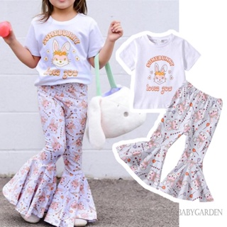 Babygarden-6 เดือน -5 ปี ชุดเสื้อผ้าเด็กผู้หญิง ชุดอีสเตอร์ แขนสั้น คอกลม พิมพ์ลายตัวอักษร + กางเกงขาบาน ลายกระต่าย