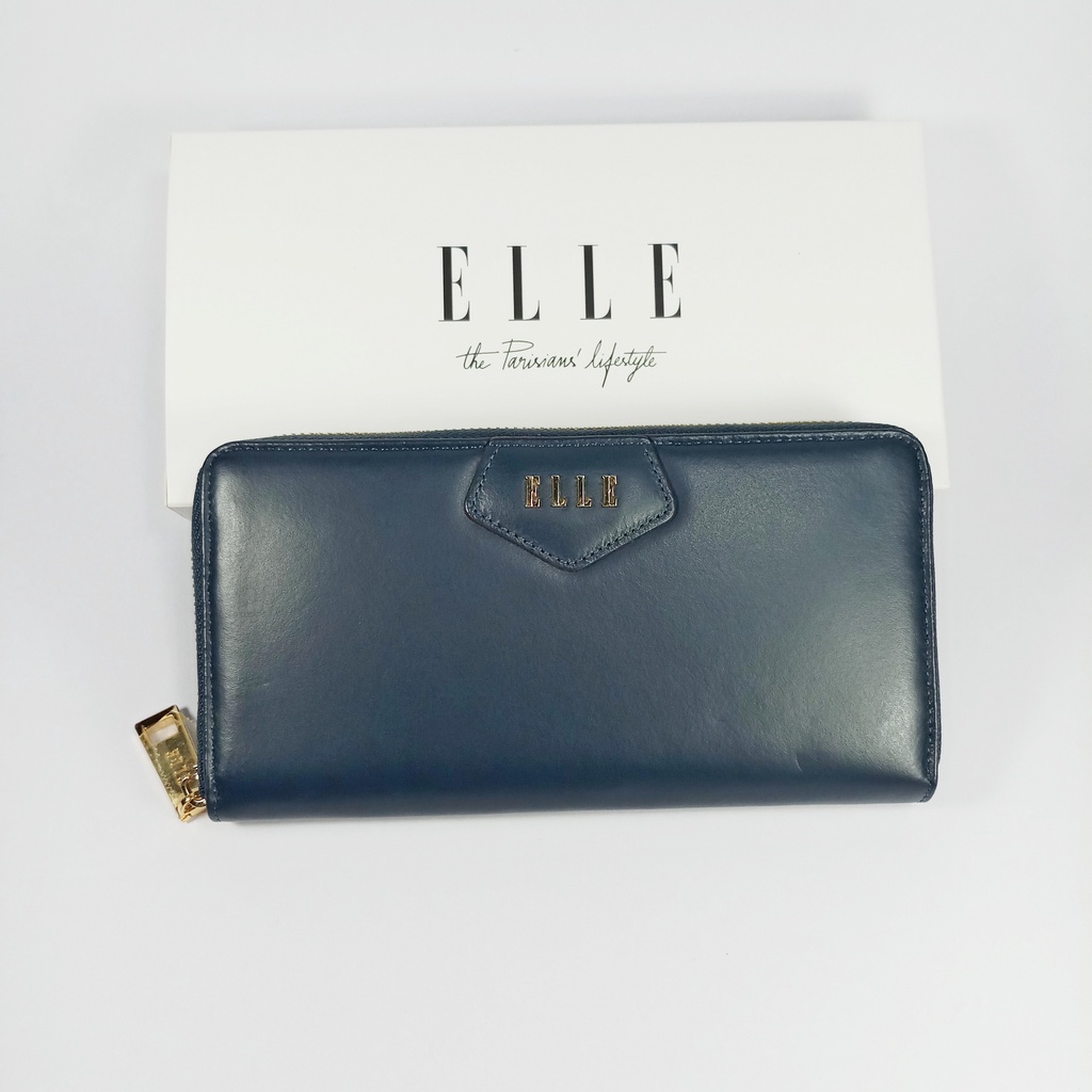 elle-bag-กระเป๋าสตางค์ผู้หญิงใบยาว-ซิปรอบ-สีน้ำเงินกรมท่า-หนังแท้หนังเรียบ-อะไหล่ทอง