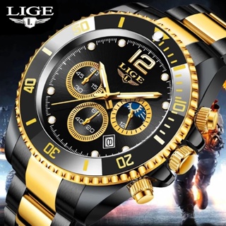 สินค้า LIGE ทองนาฬิกาผู้ชายแฟชั่นธุรกิจสแตนเลสเต็มนาฬิกากันน้ํา lunminous สําหรับนาฬิกาข้อมือควอตซ์
