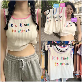 พร้อมส่ง เสื้อครอป เสื้อกล้าม ปักลายตัวหนังสือ เสื้อกล้ามแต่งขอบสีหวาน