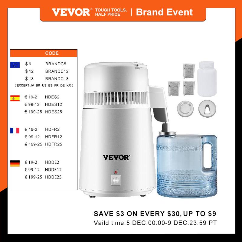 AVEVOR 4L Water Distiller Purifier Filter Dispenser Heating Drinking Bottle Softener 304