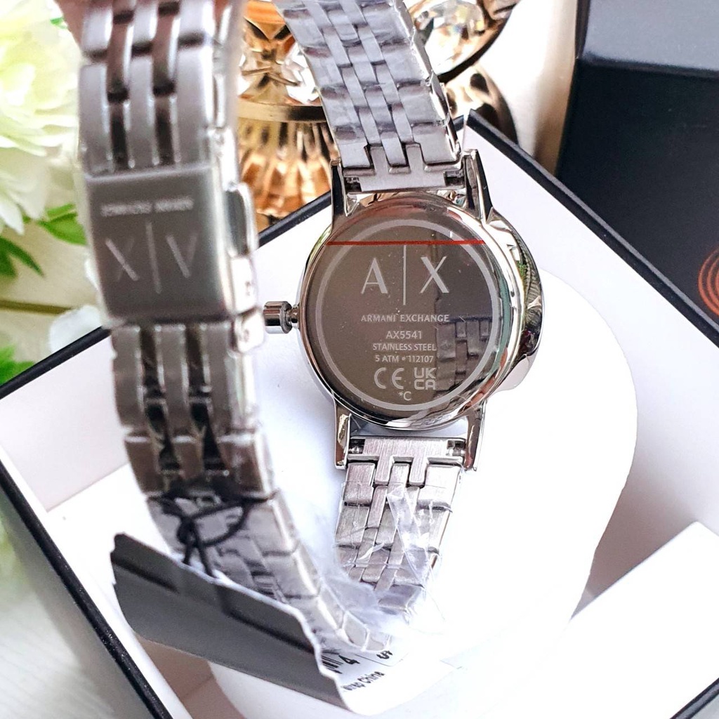 แท้-พร้อมส่ง-นาฬิกา-หน้าปัด-30-มม-armani-exchange-ladies-three-hand-silver-stainless-steel-watch-nib-ax5541