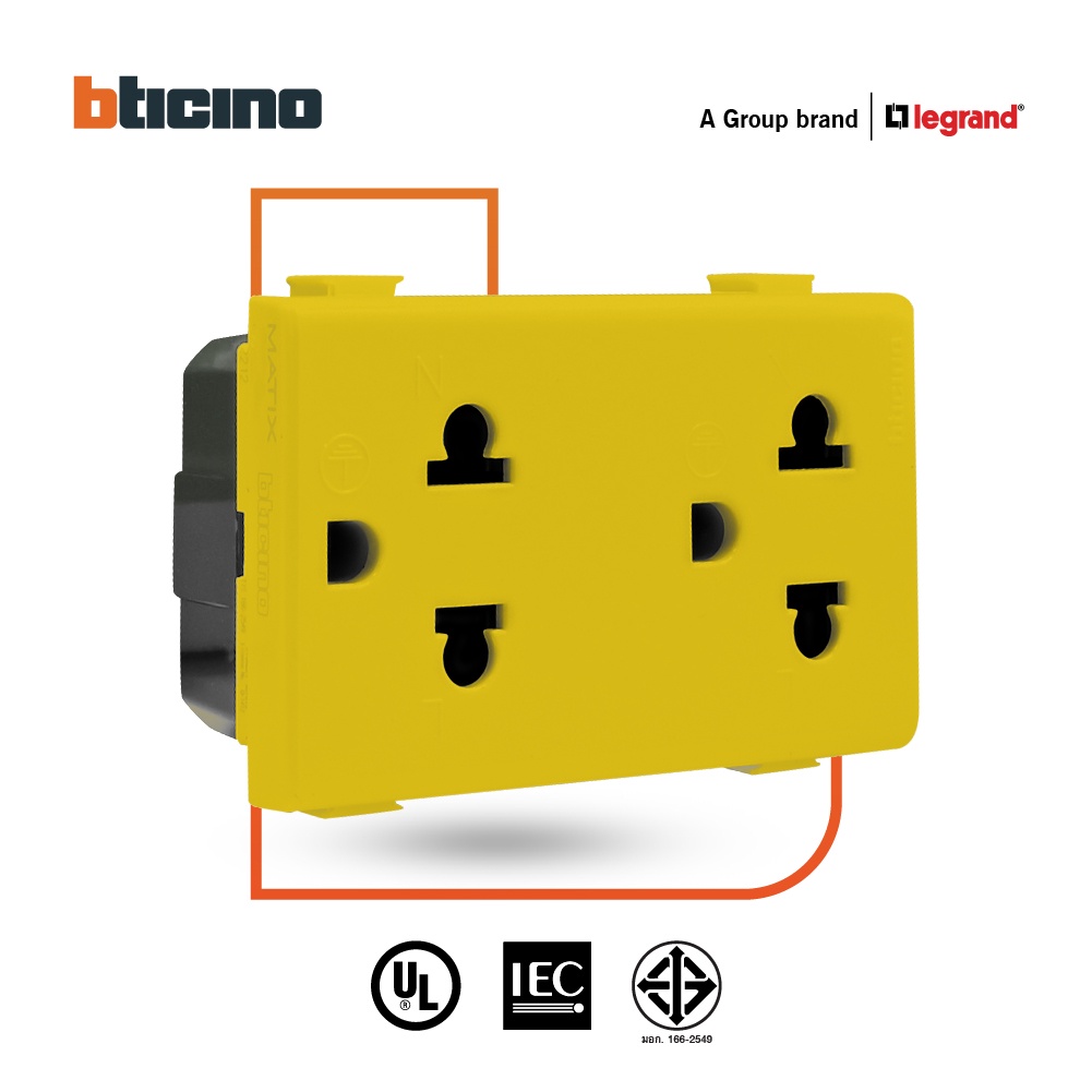 bticino-เต้ารับคู่-3ขา-มีม่านนิรภัย-มาติกซ์-สีเหลือง-duplex-socket-2p-e-16a-with-safety-shutter-yellow-matix-am5025dy