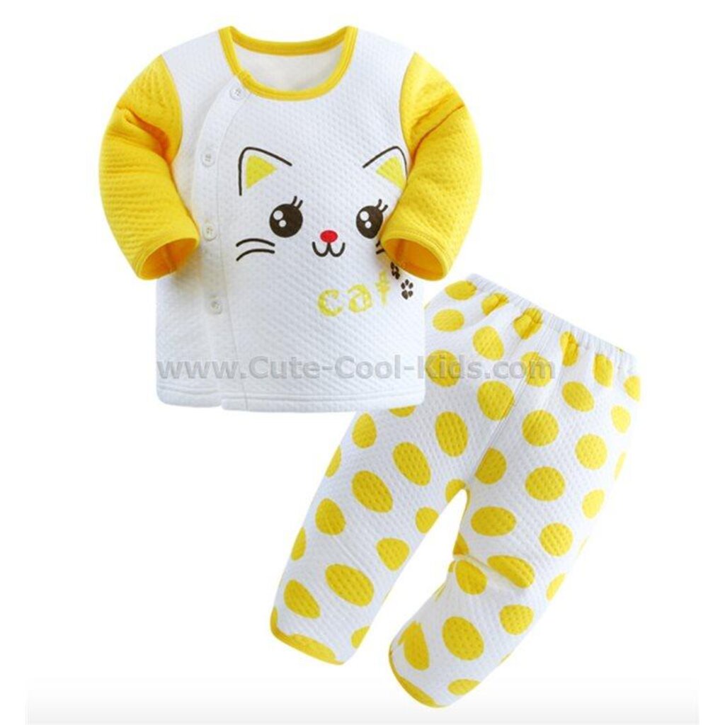 pjk-245-ชุดนอนเด็กผ้าหนา-สีเหลือง-ลายแมว