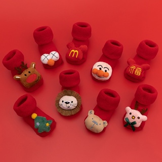 ถุงเท้า กันลื่น ให้ความอบอุ่น ลายการ์ตูนตุ๊กตาเทอร์รี่ สีแดง สําหรับเด็กทารกแรกเกิด เหมาะกับเทศกาลปีใหม่