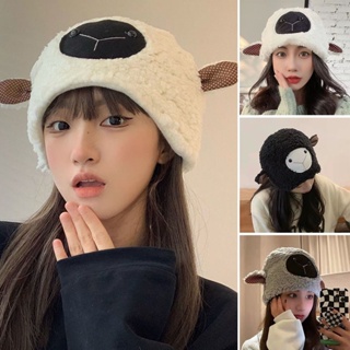 【AG】Plush Hat Cute Fuzzy Cozy Thickened Stretchy Keep Soft Autumn Winter Sheep