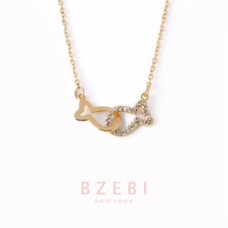 BZEBI สร้อยคอ แฟชั่น โซ่ 2 จี้รูปปลา ประดับเพทาย ขนาดเล็ก เรียบง่าย สไตล์ญี่ปุ่น และเกาหลี สําหรับผู้หญิง 662n