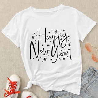 ถูกที่สุด New Year Women T-shirts Fashion Unique Design Short Sleeve Letter Printed T Shirts Casual Versatile Mature Sli