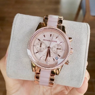 (ผ่อน0%) นาฬิกา MICHAEL KORS MK6307 Ritz Quartz Chronograph Rose Dial Rose Gold-tone Pink Acetate Ladies Watch 37 มม.