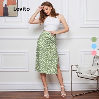 Lovito กระโปรง แบบผ่าน่อง พิมพ์ลายดอกไม้ สไตล์น่ารัก L08213 (ส้ม/สีเขียว/สีฟ้า)
