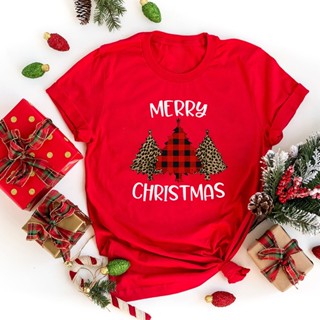 เสื้อยืดลําลอง แขนสั้น พิมพ์ลายต้นคริสต์มาส สีแดง สไตล์วินเทจ ของขวัญคริสต์มาส สําหรับสตรีเสื้อคู่รัก