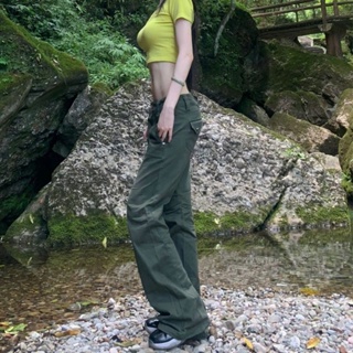 กางเกงขายาวหญิง 💌 กางเกงยีนทรงกระบอกผู้หญิง กางเกงคาร์โก้ยีนส์สีเขียวทหาร