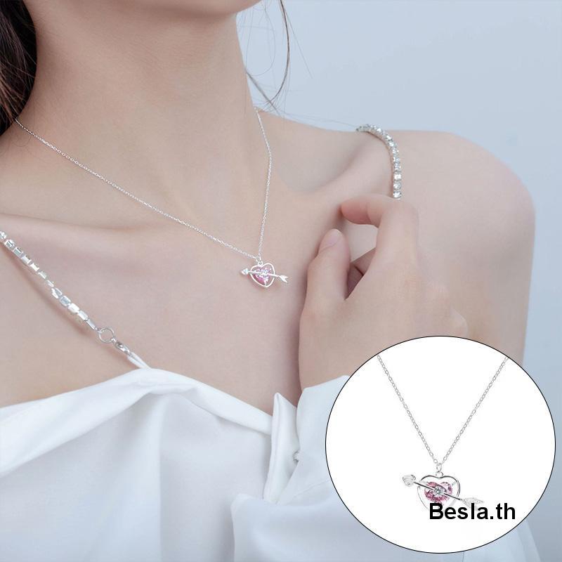 เครื่องประดับ-สร้อยคอ-สร้อยข้อมือ-จี้รูปลูกศร-หัวใจ-ประดับคริสตัล-สีชมพู-แฟชั่นสําหรับผู้หญิง