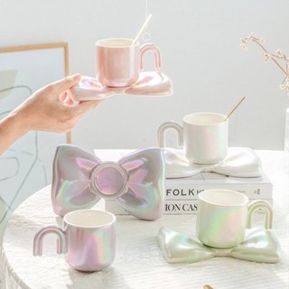 ( พร้อมส่ง ) Pearl Ribbon Cup Set ชุดแก้วและจานรอง