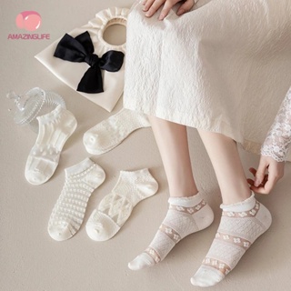 ถุงเท้าข้อสั้น ผ้าเรยอน แบบบางพิเศษ แต่งลูกไม้ สีขาว สไตล์ญี่ปุ่น สําหรับผู้หญิง จํานวน 5 คู่ ต่อชุด