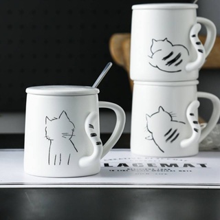 แก้วกาแฟ เซรามิค ลายแมวเหมียว พร้อมฝาปิดสีขาว และช้อนกาแฟ  สำหรับใส่ชา กาแฟ เครื่องดื่มต่าง ๆ  ขนาดจุ 350ml