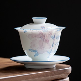 [A030] ชุดถ้วยชาเซรามิค พร้อมฝาปิด ลาย Lily Sancai Gaiwan สําหรับครัวเรือน