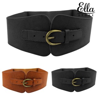 Ellastore123 เข็มขัดหนังเทียม หัวเข็มขัดกว้าง ยืดหยุ่น สีพื้น สไตล์วินเทจ สําหรับผู้หญิง