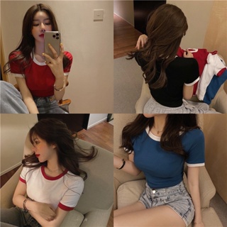 (พร้อมส่ง) เสื้อครอปแขนสั้น เสื้อยืดครึ่งตัว เสื้อแฟชั่นผู้หญิง