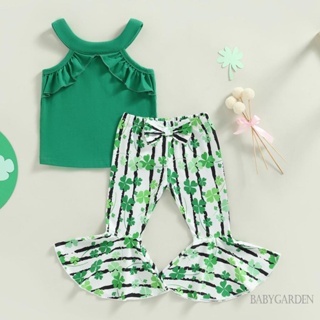 Babygarden-1-5 ปี ชุดเสื้อผ้าเด็กผู้หญิง เสื้อสายเดี่ยว แขนกุด สีเขียว และกางเกงขาบาน พิมพ์ลายใบโคลเวอร์สี่ส่วน