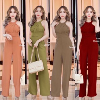 Jumpsuit จั๊มสูทขายาวแขนกุด อกจับจีบ ช่วงเอวแต่งผ้าไขว้