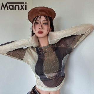 Manxi การออกแบบความรู้สึกบุคลิกภาพ Hottie ตีสีแขนยาวเสื้อยืดผู้หญิงฤดูใบไม้ร่วง 2022 ใหม่สลิม MO22116