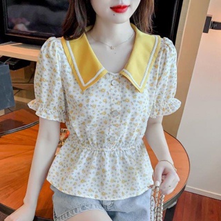 พร้อมส่ง✨ เสื้อแฟชั่น สีเหลือง คอตุ๊กตา แขนสั้น สไตล์เกาหลี เสื้อทำงาน เอวน่ารัก พิมพ์ลาย มี 2 สี