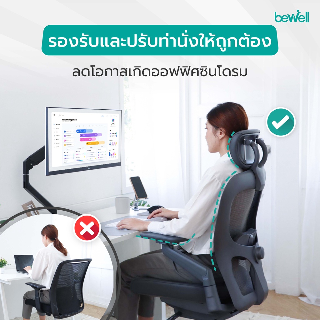 Bewell Enclose เก้าอี้เพื่อสุขภาพ Ergonomic ระบายอากาศ รุ่นพรีเมียม Enclose เก้าอี้สีดำ เก้าอี้ทำงาน เบาะนุ่ม สบาย x2 ซัพพอร์ตหลังล่างได้ดีเยี่ยม