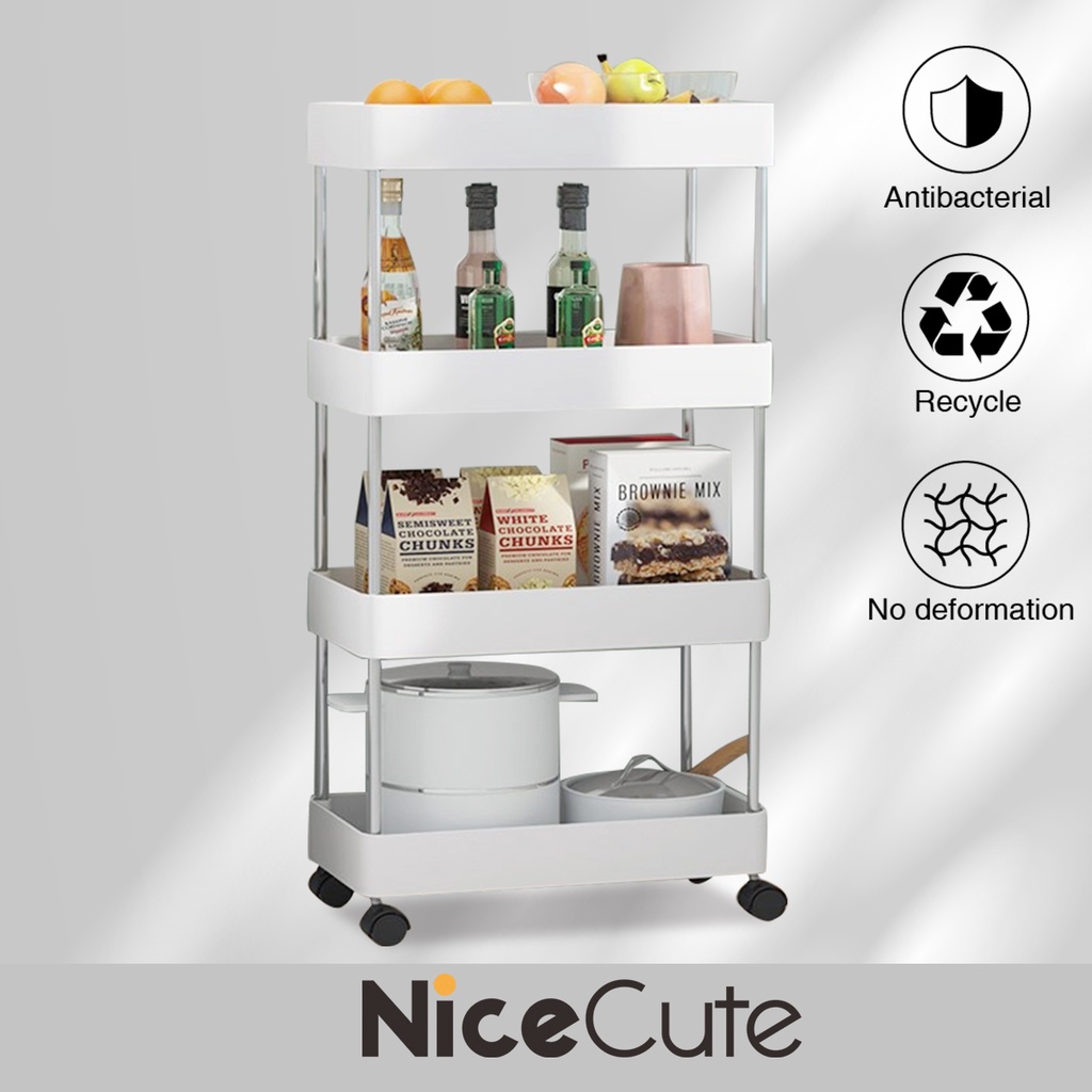 รูปภาพสินค้าแรกของNice Cute ชั้นวางของแบบมีล้อเลื่อน ชั้นวางของในที่แคบ ชั้นวางของในครัวชั้นวางของในห้องน้ำพร้อมตะขอและล้อเลื่อน