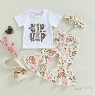 Babygarden-6 เดือน -4 ปี ชุดเสื้อผ้าเด็กผู้หญิง ฤดูร้อน, เสื้อยืดแขนสั้น สีขาว ลายกระต่าย + กางเกงบาน + ที่คาดผม