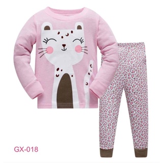 L-HUGX-018 ชุดนอนเด็กหญิง แนวเข้ารูป Slim Fit ผ้า Cotton 100% เนื้อบาง สีชมพู ลายแมว