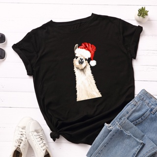  Christmas Cotton Female T-shirt Short Sleeve Women T Shirt Alpaca Printing Ladies Tops Harajuku  tshirt Femme เสื้อยืด