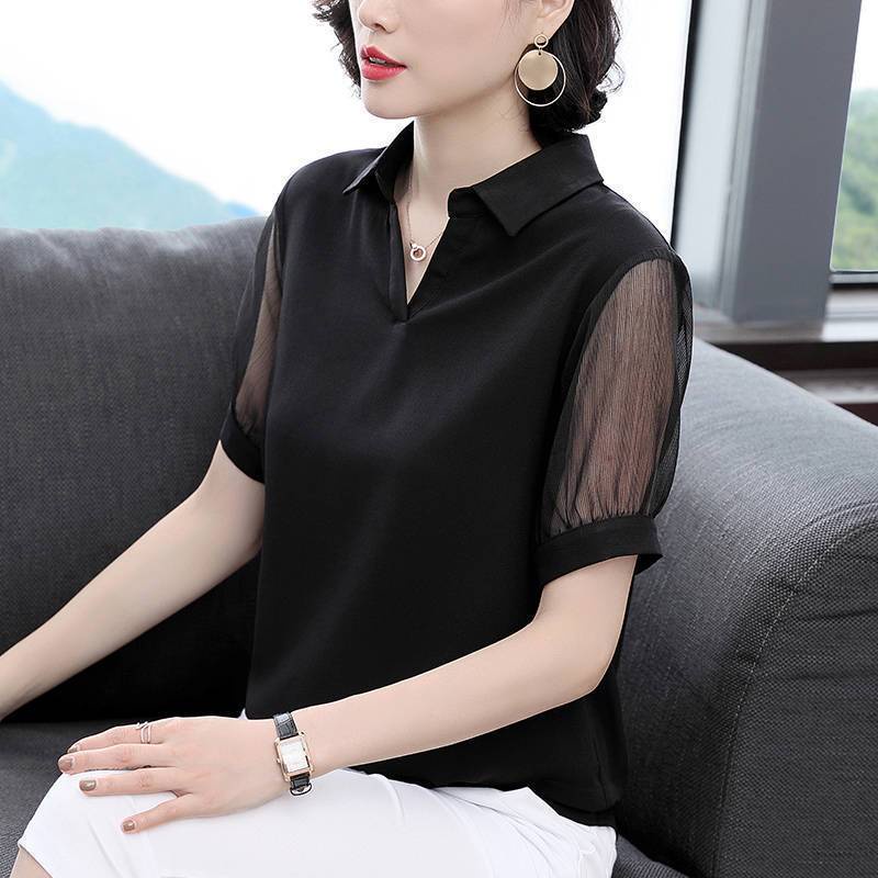 เสื้อชีฟอง-2022-ฤดูร้อนใหม่แขนสั้นสีดำคอวีคลุมท้องขนาดใหญ่ของผู้หญิงเกาหลีเสื้อตาข่ายผู้หญิง