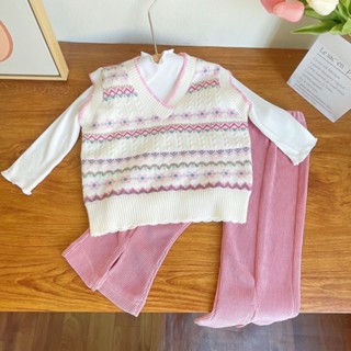 ชุดเสื้อกันหนาว กางเกง ผ้าถัก สีพื้น สไตล์เกาหลี สําหรับเด็กผู้หญิง จํานวน 3 ชิ้น