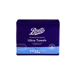 Boots Folded &amp; Wrapped Ultra Towels Super 14S บู๊ทส์ โฟล์ด แอนด์ แรปด์ อัลตร้า โทเวลส์ ซุปเปอร์ ผ้าอนามัย 14 ชิ้น