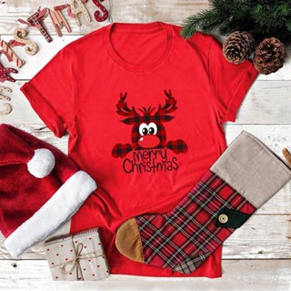 Christmas Deer Print T Shirt Women Cotton Cartoon Tshirt Short Sleeve T-shirt Tops Tee sa