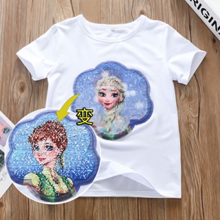 เสื้อยืดแขนสั้น คอกลม ผ้าเรยอน ประดับเลื่อม เปลี่ยนสีได้ แฟชั่นฤดูร้อน สําหรับเด็กผู้หญิง 2022