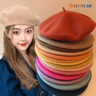 หมวกเบเร่ต์ หมวกบีนนี่ ผ้าวูล สีพื้น หรูหรา สไตล์ฝรั่งเศส เหมาะกับใส่กลางแจ้ง แฟชั่นฤดูใบไม้ร่วง ฤดูหนาว สําหรับผู้หญิง