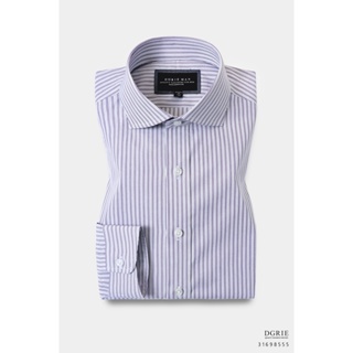 Cotton Double Stripes Purple&amp;White P/W Curve Collar shirt-เชิ้ตลายทางสีม่วงและสีขาว