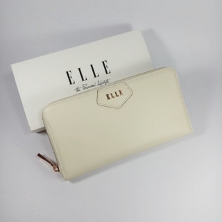 ELLE Bag กระเป๋าสตางค์ผู้หญิงใบยาวซิปรอบ สีขาวครีม (ใบใหญ่) หนังเรียบ อะไหล่สีทอง