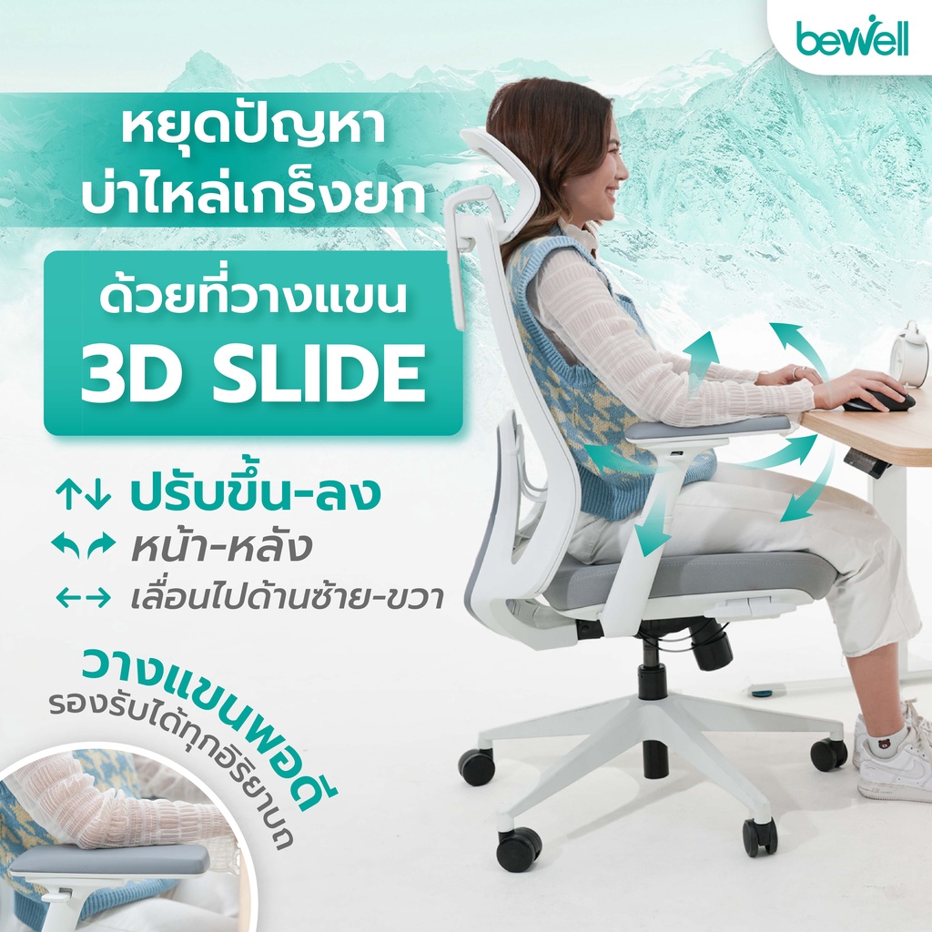 Bewell รุ่น FROZEN เก้าอี้สีขาว เก้าอี้เพื่อสุขภาพ  Ergonomic พนักพิง ICE Mesh ระบายอากาศดีเยี่ยม เจ้าแรกในไทย นั่งแล้วไม่ร้อนหลัง เหมาะกับคนตัวเล็ก นั่งได้ สบายหลัง