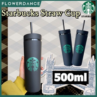Frosted Starbucks Straw Cup สีดำ500Ml ขวดน้ำมีการออกแบบที่ไม่ซ้ำกันและการออกแบบที่สะดวกสองชั้น Starbucks Tumbler ถ้วยตรง Flowerdance
