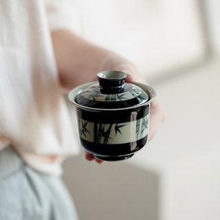 ชุดถ้วยชาเซรามิค เพ้นท์มือ พร้อมฝาปิด ลาย Xiyu Gaiwan [Huayun]