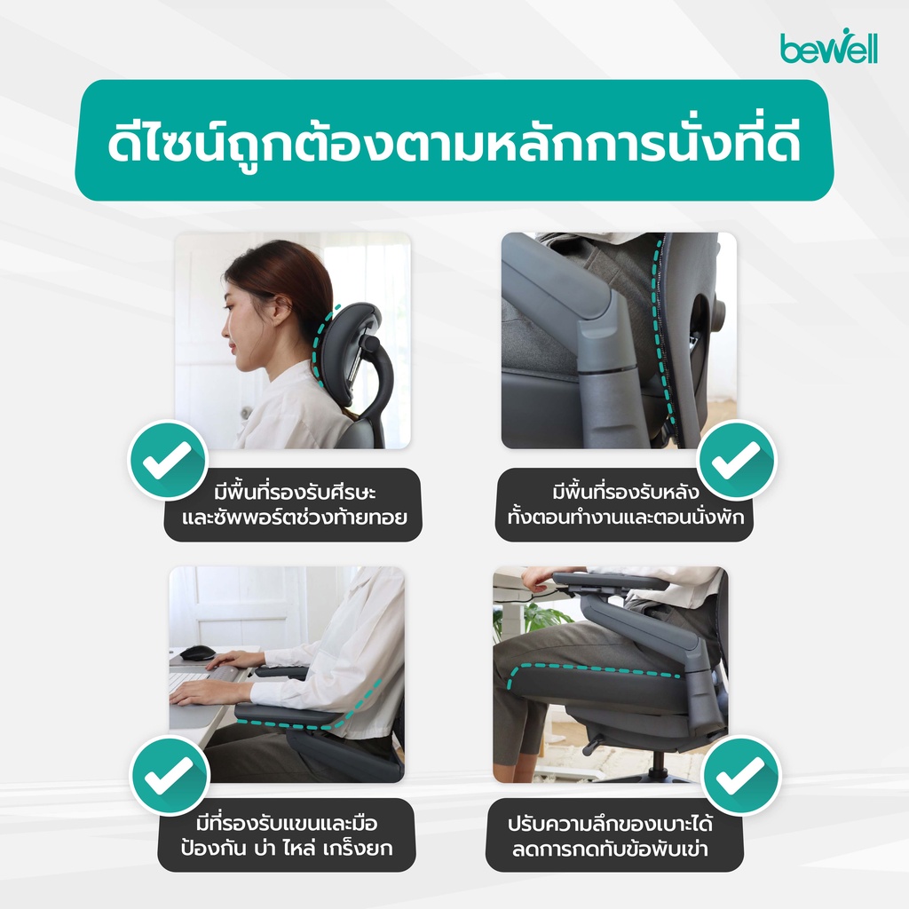 Bewell Enclose เก้าอี้เพื่อสุขภาพ Ergonomic ระบายอากาศ รุ่นพรีเมียม Enclose เก้าอี้สีดำ เก้าอี้ทำงาน เบาะนุ่ม สบาย x2 ซัพพอร์ตหลังล่างได้ดีเยี่ยม