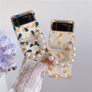 เคสโทรศัพท์มือถือแบบใส กันกระแทก ลายดอกไม้ พร้อมบานพับ ประดับมุก สําหรับ Samsung Galaxy Z Flip 4 Z Flip 3 Z Flip 4 Zlip 3