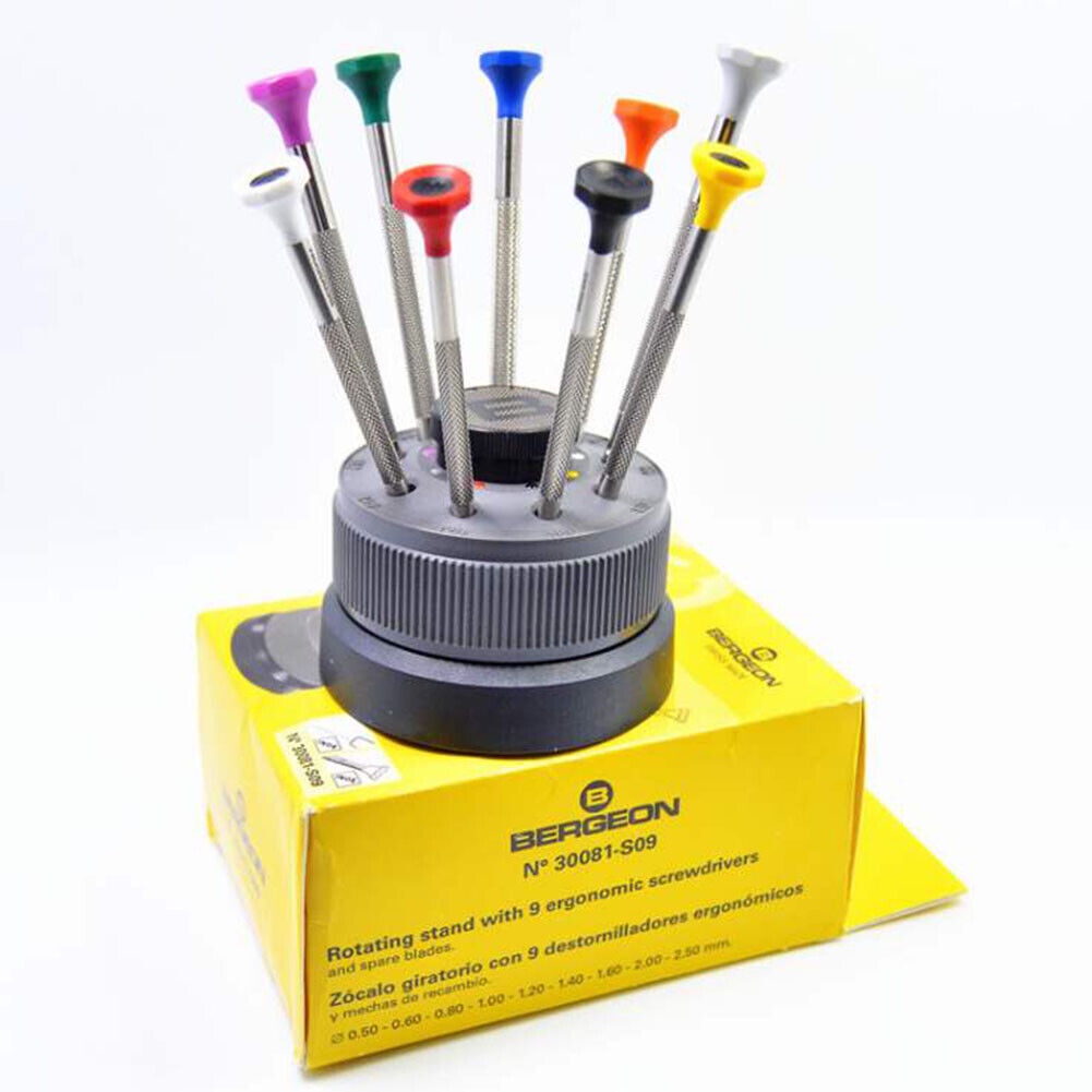 BERGEON 55-604 6899-S10 roterende standaard met 10 ergonomische schroevendraaiers en 10 buizen met reservemessen horloge reparatieset, Meerkleurig
